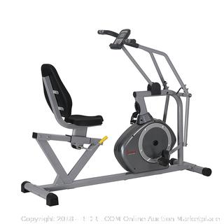 Sunny Health & Fitness Magnetic Recumbent Bike Exercise Bike, 350lb High Weight Capacity, Cross Training, Arm Exercisers, Monitor, Pulse Rate Monitoring - SF-RB4708 (Retail $292.00)