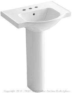 KOHLER K-5266-4-0 Veer Pedestal Bathroom Sink with 4-Inch Centerset Faucet Holes, 24-Inch, White RETAIL $162.57