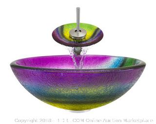 Aurora Sinks A13-BN-G Bathroom Ensemble with Grid Drain, Frosted Glass Vessel, Sink, Ring and Waterfall Faucet, Brushed Nickel (Retail $363.00)