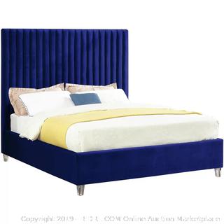 King Navy Fuiloro Velvet Upholstered Platform Bed (online $599) Bedding items in photo not included