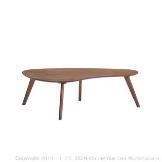 Emerald Home Simplicity Walnut Brown Coffee Table with Tear Drop Shaped Top And Round Slanted Legs Factory Sealed (online $99)