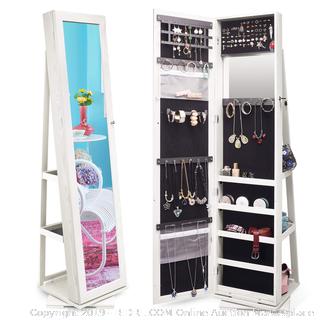 TWING Jewelry Organizer Jewelry Cabinet 360 Rotating, Lockable Standing Wall Jewelry Armoire with Full Length Mirror Large Jewelry Armoire Cabinet (online $133) Photo shows mirror and inside of cabinet