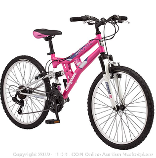 Mongoose Exlipse Full Dual-Suspension Mountain Bike (Online $189) Featuring 15-Inch/Small Steel Frame and 21-Speed Shimano Drivetrain with 24-Inch Wheels, Kickstand Included, Pink