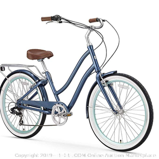 sixthreezero EVRYjourney Women's 7-Speed Step-Through Hybrid Alloy Cruiser Bicycle, (Online $400) Navy w/Brown Seat/Grips, 26" Wheels/ 17.5" Frame