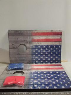 Wild Sports Stars and Stipes Cornhole Set, Flag on Distressed Wood, Two 2' x 3' Boards and 8 Bags (online $59) crack on backside
