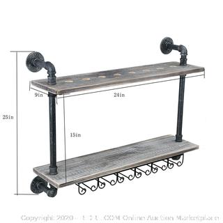 Rustic Wall Mounted Wine Racks with Glass Holder Pipe Hanging Wine Rack,2-Tiers Wood Shelf Floating Shelves,Home Room Living Room Kitchen Decor Display Rack (24inch) (Factory Sealed) COME PREVIEW!!!! (online $96)