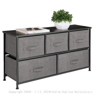 mDesign Extra Wide Dresser Storage Tower - Sturdy Steel Frame, Wood Top, Easy Pull Fabric Bins 5 drawer storage unit charcoal (online $75)