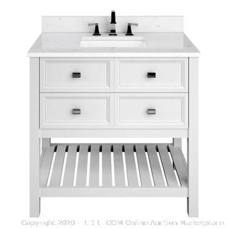Scott Living Canterbury 36-in White Single Sink Bathroom Vanity with Carrara Engineered Stone Top - 2 Boxes (online $399) does not come with faucet