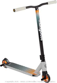 Mongoose Rise 100 Elite Freestyle Stunt Kick Scooter, Featuring Lightweight Alloy Deck with Full-Coverage Max Grip and Bike-Style Handlebars, Wheel Pegs Included, 110mm Alloy Wheels, Grey/Orange