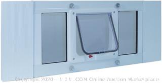 Ideal Pet Products Aluminum Sash Window Pet Door, Adjustable Width 33" to 38", Cat Flap, 6.25" x 6.25" Flap Size, White(Retails $106)