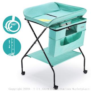 Baby Changing Table with Wheels, Adjustable Height Folding Diaper Station Portable Mobile Nursery Organizer with Newborn Clothes & Storage Rack for Infant (online $83)