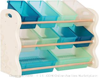 B. spaces by Battat – Totes Tidy Toy Organizer – Kids Furniture Set Storage Unit with 10 Stackable Bins – Ivory, Sea and Mint (online $65)