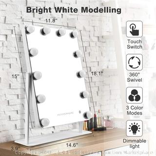 MIRRORMORE Lighted Hollywood Mirror - Lighted Makeup Mirror with 12 Dimmable LED Bulbs, Touch Control, 3 Lighting Modes, Hollywood Style Vanity Mirror with Lightes, Large Cosmetic Mirror for Desk (Powers On)(Retails $119)