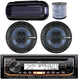 JVC In-Dash Marine Boat Bluetooth Radio USB Receiver Bundle Combo with Pair of Enrock 6.5" Black Dual-Cone Stereo Speakers, Stereo Waterproof Cover, 18g 50ft Marine Speaker Wire(Retails $144)