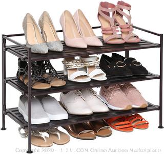 Seville Classics 3-Tier Stackable 12-Pair Woodgrain Resin Slat Shelf Sturdy Metal Frame Shoe Storage Rack Organizer (shoes not included)