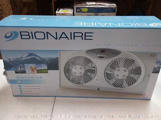Bionaire Window Fan with Twin 8.5-Inch Reversible Airflow Blades and Remote Control, White