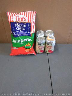 Tim's Cascade style potato chips jalapeno flavored and 365 everyday value cherry vanilla cream soda 4 pack's lightly damaged