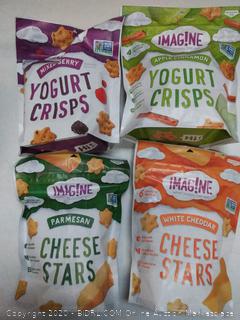 4 count sampler imagine snacks yogurt crisp mixed berry apple cinnamon white cheddar cheese stars and parmesan cheese Stars EXP 03 2020