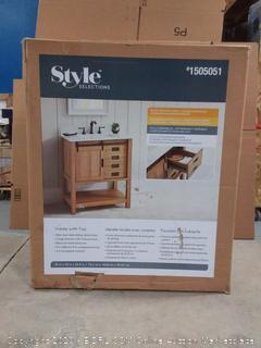 Style Selections vanity with top Barn Door style sliding cabinet door(top and back cracked) see photos (online $199)