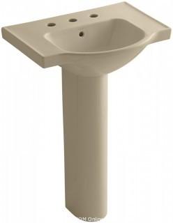 KOHLER K-5266-8-33 Veer Pedestal Bathroom Sink with 8-Inch Widespread Faucet Holes, 24-Inch, Mexican Sand (Retail $354.00)