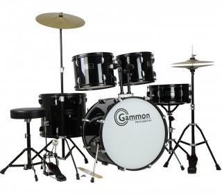Gammon Percussion Full Size Complete Adult Drum Set with Cymbals Stands Stool and Sticks, Black (Retail $259.00)
